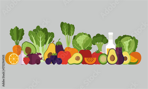 A vibrant illustration showcases a diverse array of fresh fruits and vegetables, artfully arranged against a neutral gray backdrop, emphasizing healthy eating and a balanced diet.