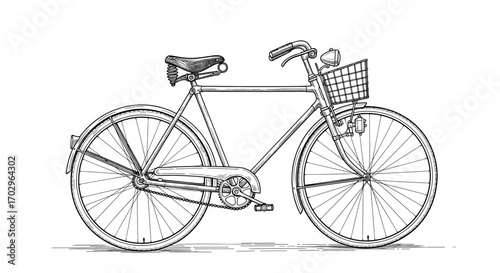 Classic Bicycle Hand Drawn Illustration with Basket and Accessories