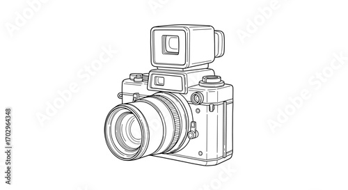 Detailed line art illustration of an old camera with flash.