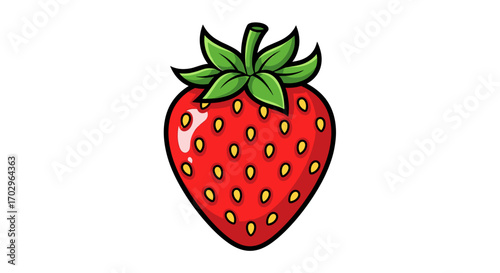 Single bright cartoon strawberry isolated on white background, tasty treat
