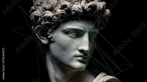 Statue head with green lines