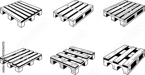 Collection of Six Wooden Shipping Pallets in Line Art Style