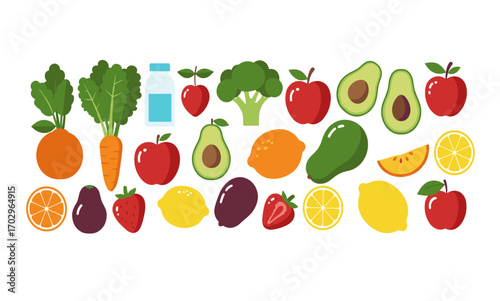 A vibrant arrangement of fresh fruits and vegetables, including oranges, apples, avocados, and broccoli, set against a clean white background, perfect for healthy eating concepts.