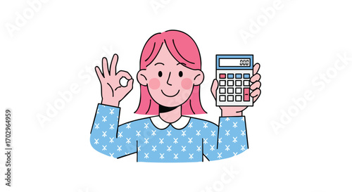 Confident woman with calculator gives ok sign for financial success and smart decisions