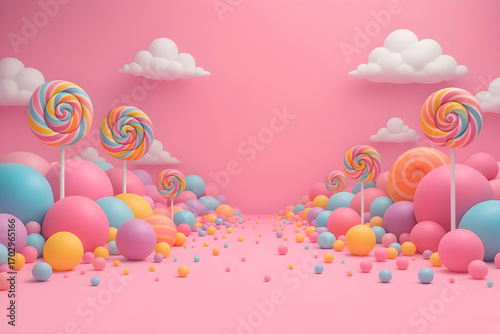Colorful Candyland Landscape with Lollipops and Pastel Spheres on Pink Background | Sweet Treats and Dreamy Fantasy for Children's Party Invitations, Product Display, and Confectionery Marketing