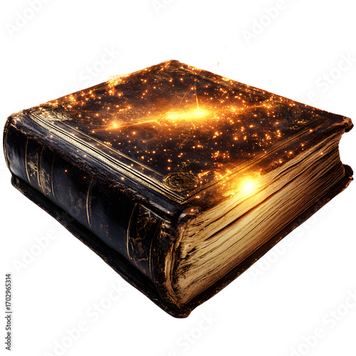 Stock photo of Witch spell book magical glow white isolated background. Clean background and simple style with natural light and clear detail for web and print. Simple photo for stock use with clear f