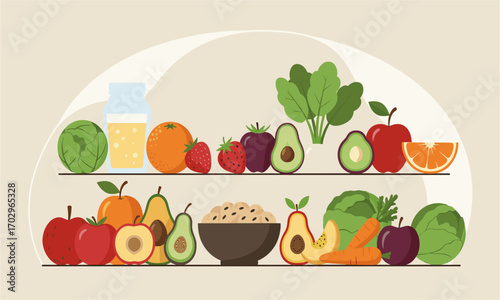 A vibrant assortment of fresh fruits and vegetables displayed attractively on shelves, promoting healthy eating and a balanced diet.