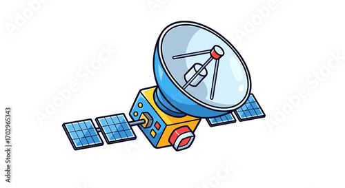 Cartoon satellite illustration with solar panels on a white background.