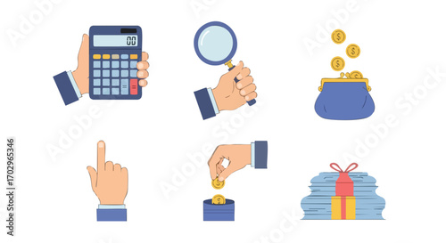 Calculate investment growth using calculator, analyze costs with magnifying glass and save money wisely
