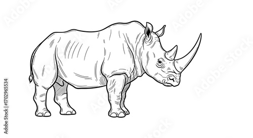 Majestic Rhino Illustration: A Powerful and Detailed Line Art Rendition