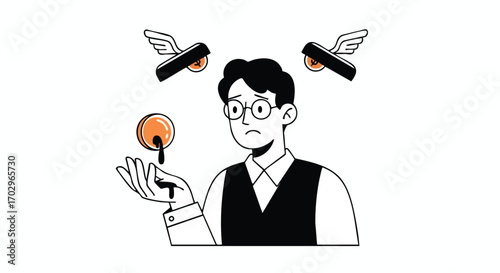 Worried businessman watches money fly away as precious resource drips from his hand.