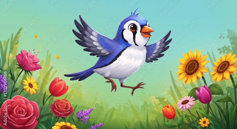 Obraz premium Joyful cartoon blue finch hopping happily in a vibrant spring meadow filled with colorful flowers