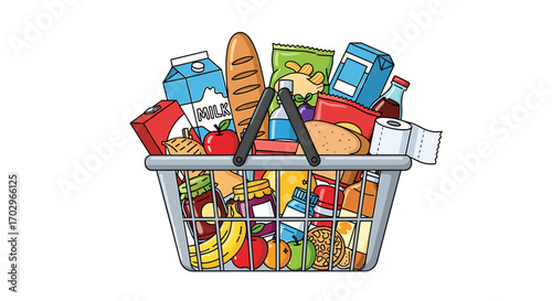 Cartoon Grocery Basket Filled with Various Food Items and Essentials