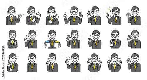 Mature businessman in multiple gestures conveying ideas, presentations, and success in business