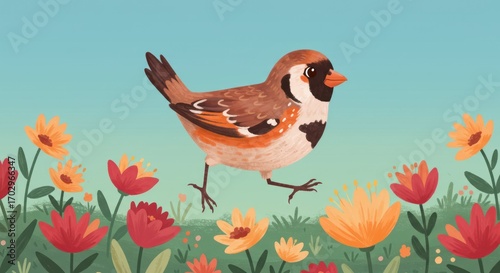 Charming cartoon sparrow walking through a vibrant spring meadow filled with colorful blooming flowers under a clear blue sky