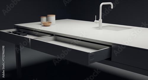 Modern Kitchen Island with Open Drawers and Integrated Sink, Minimalist Design for Interior Design Projects