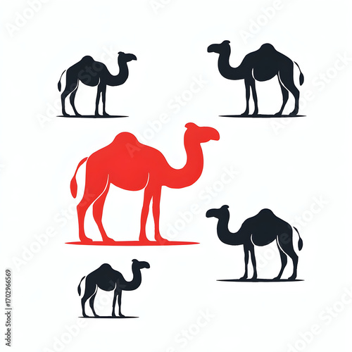 Camel Silhouettes in Red and Black | Graphic Vector Icons for Desert Travel, Middle East Culture, and Animal Theme Design Projects