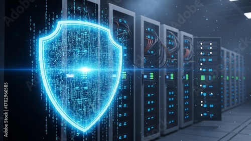 Fototapeta Naklejka Na Ścianę i Meble -  A digital shield icon with binary code is superimposed over a row of server racks in a data center. It represents data security, network protection, and cybersecurity in modern IT infrastructure.