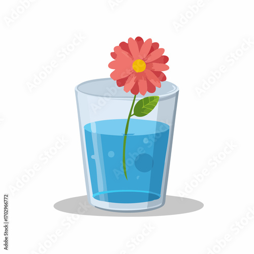 Glass of water with flower inside on white background