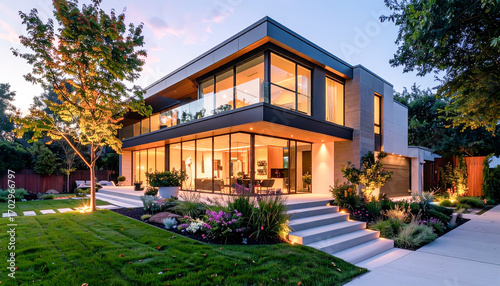 Showcasing modern architectural design urban residential area luxury house exterior suburban environment contemporary viewpoint