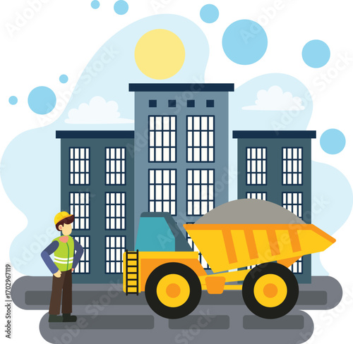 Construction truck with worker illustration