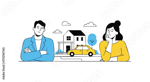 Worried couple contemplating big life decisions like home and car ownership