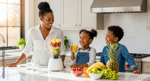 A Joyful Family Morning: Fresh Juice and Smiles Around the Kitchen Counter for health marketing, lifestyle brand campaigns, family wellness promotions, nutrition guides, healthy eating blogs