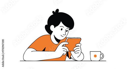Smiling person engrossed in tablet screen, enjoying a moment with coffee nearby