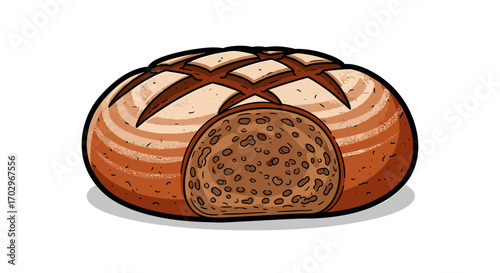 Delicious round bread loaf with slice on white background