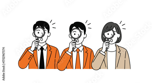 Curious business professionals intently searching for answers with magnifying glasses