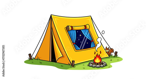 A cheerful cartoon camping scene with a yellow tent and campfire