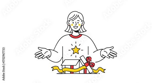 Joyful woman reveals bright star gift with open arms and beaming smile, celebrating surprise