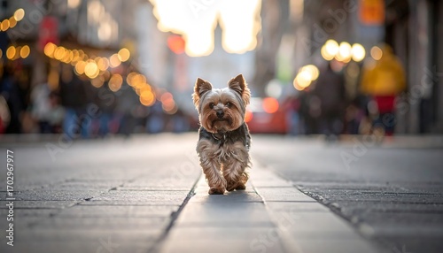 Fototapeta Naklejka Na Ścianę i Meble -  Yorkie on city street at sunset