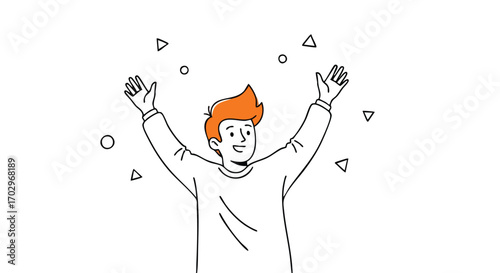 Excited young man celebrating success with arms raised high, conveying pure joy and achievement