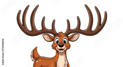 Adorable cartoon deer character with large antlers smiling happily