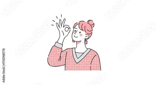 Charming woman gives the 'okay' sign with a smile, conveying success and approval