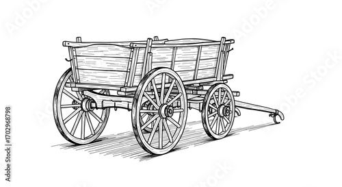Rustic wooden wagon with spoked wheels in vintage hand-drawn style