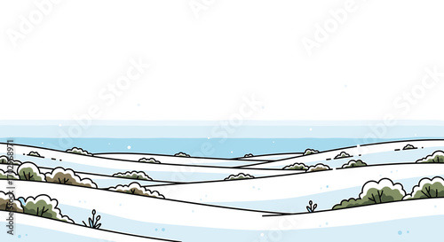Cartoon landscape of a snow covered field on a cold day.