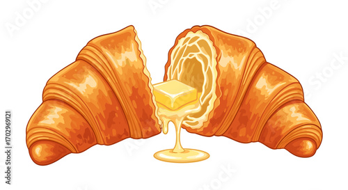Decadent Croissant: Melting Butter Drenches Flaky Pastry Delightfully, Set on White