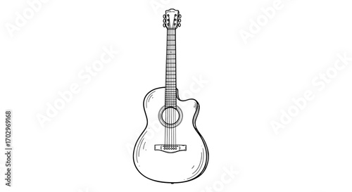 Acoustic guitar sketch, single line art on white background image