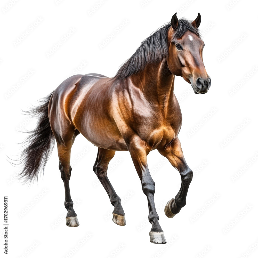 Obraz premium Majestic Bay Horse Trotting Gracefully in a Studio Setting, Captivating Deep Brown Coat Reflecting Natural Light with Sleek Mane and Strong Build
