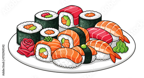 Colorful sushi platter featuring maki, nigiri, and garnishes on white