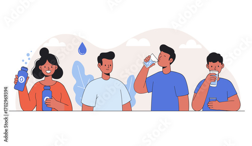 Diverse group of young people are staying hydrated by drinking water from bottles and glasses, promoting health and wellness in a modern, stylized illustration.