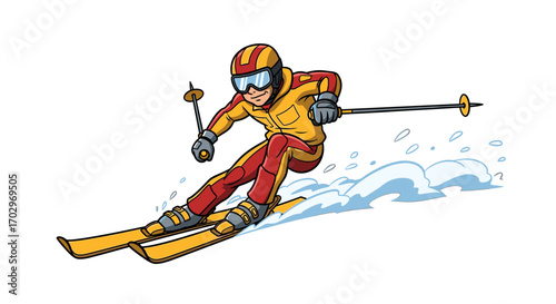 Skier speeding downhill in red and yellow outfit, a cartoon.