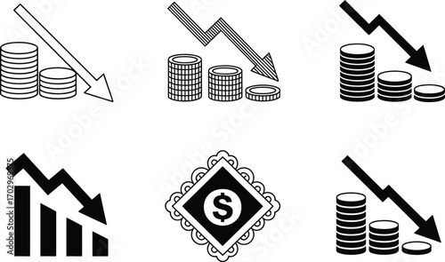 Financial Downturn Icons: Declining Coins, Bars, and Dollar Symbol
