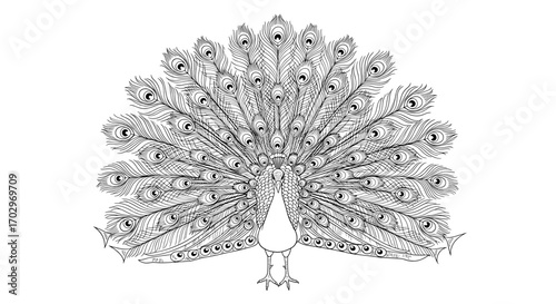 Graceful peacock showing plumage in black and white drawing style