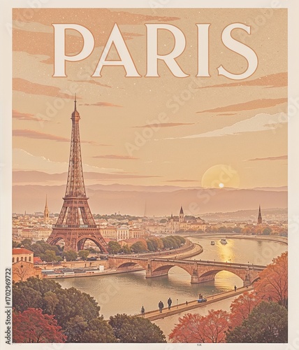 Vintage Art Deco Travel Poster – Paris Eiffel Tower Sunset