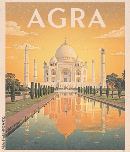 Vintage Art Deco Travel Poster of Taj Mahal, Agra