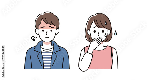 Worried couple expressing distress and concern with flushed faces and sweat droplets