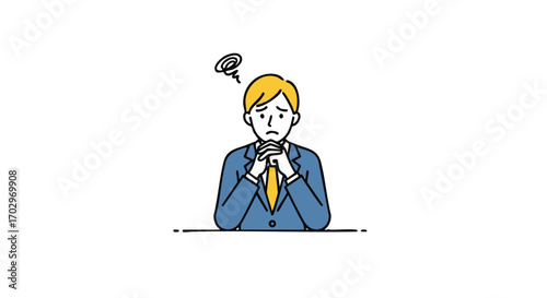Worried businessman with hands clasped shows concern about business problems in a minimal vector style